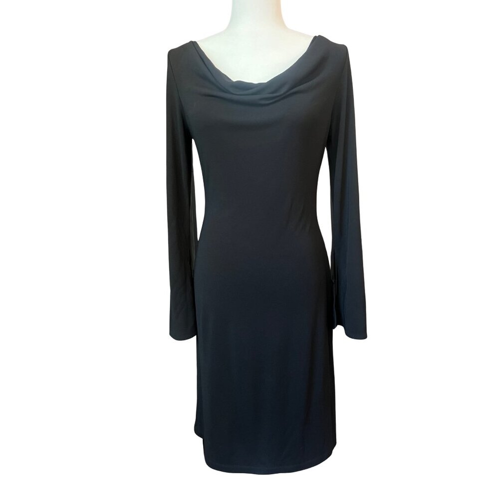 BCBGMAXAZRIA Vintage 90s Black Cowl Neck Long Sleeve Stretch Midi Dress‎ Medium